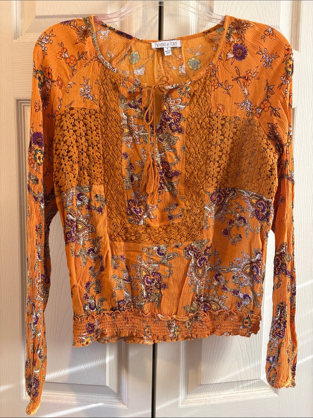 Patrons of Peace Orange Floral Crochet Patchwork Blouse